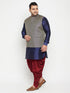 Men's Plus Size Navy Blue And Maroon Silk Blend Jacket Kurta Dhoti Pant Set