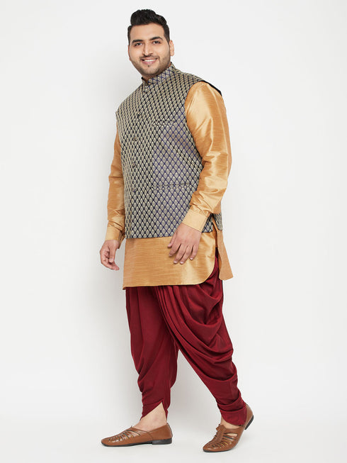 Men's Plus Size Rose Gold, Navy Blue And Maroon Silk Blend Jacket Kurta Dhoti Pant Set