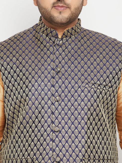 Men's Plus Size Rose Gold, Navy Blue And Maroon Silk Blend Jacket Kurta Dhoti Pant Set