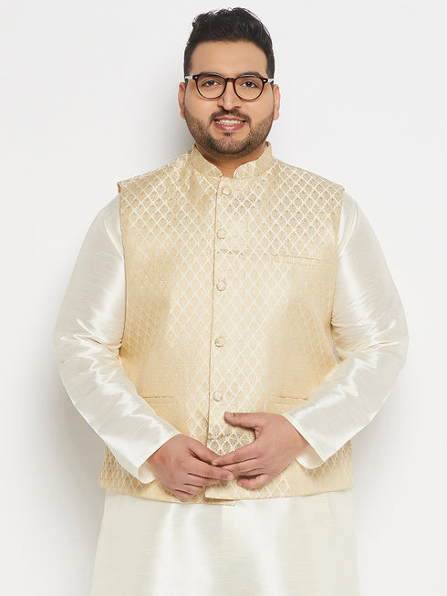 Men's Plus Size Cream And Gold Jacquard Nehru Jacket