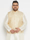 Men's Plus Size Cream And Gold Jacquard Nehru Jacket