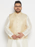 Men's Plus Size Cream And Gold Jacquard Nehru Jacket