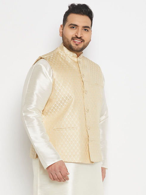 Men's Plus Size Cream And Gold Jacquard Nehru Jacket
