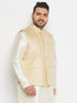 Men's Plus Size Cream And Gold Jacquard Nehru Jacket