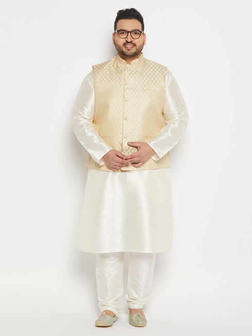 Men's Plus Size Cream Ethnic Jacket With Cream Silk Blend Kurta And Pant Style Pyjama Set