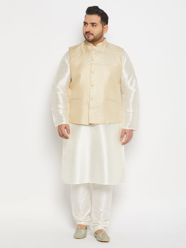 Men's Plus Size Cream Ethnic Jacket With Cream Silk Blend Kurta And Pant Style Pyjama Set