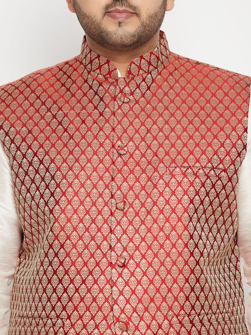 Men's Plus Size Cream And Maroon Silk Blend Jacket Kurta Pyjama Set