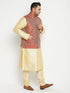 Men's Plus Size Gold And Maroon Brocade Silk Blend Jacket Kurta Pyjama Set