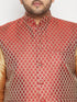 Men's Plus Size Rose Gold And Maroon Woven Silk Blend Jacket Kurta Pyjama Set