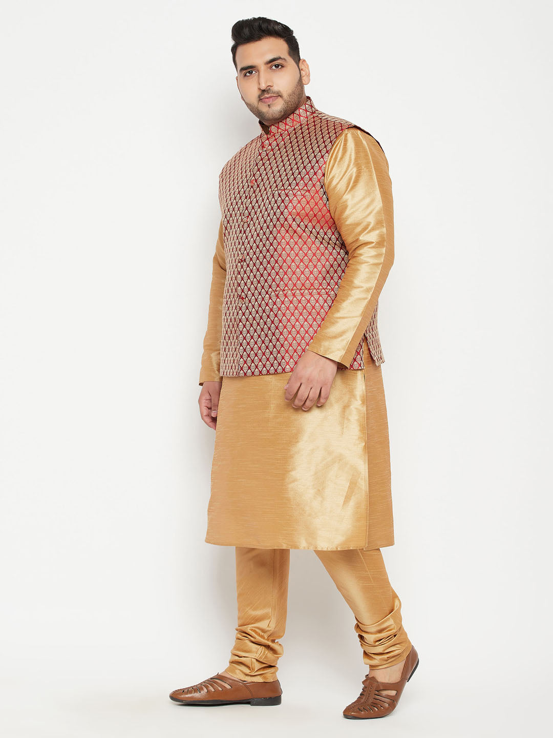 Men's Plus Size Rose Gold And Maroon Woven Silk Blend Jacket Kurta Pyjama Set