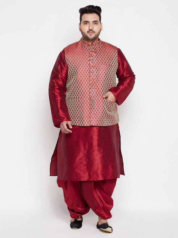 Men's Plus Size Maroon Woven Silk Blend Jacket And Maroon Silk Blend Kurta Dhoti Set