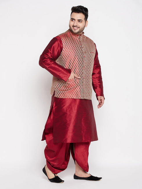 Men's Plus Size Maroon Woven Silk Blend Jacket And Maroon Silk Blend Kurta Dhoti Set