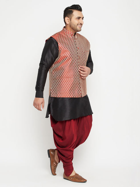 Men's Plus Size Black And Maroon Silk Blend Jacket With Kurta Dhoti Pant Set