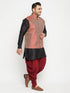 Men's Plus Size Black And Maroon Silk Blend Jacket With Kurta Dhoti Pant Set