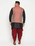 Men's Plus Size Black And Maroon Silk Blend Jacket With Kurta Dhoti Pant Set