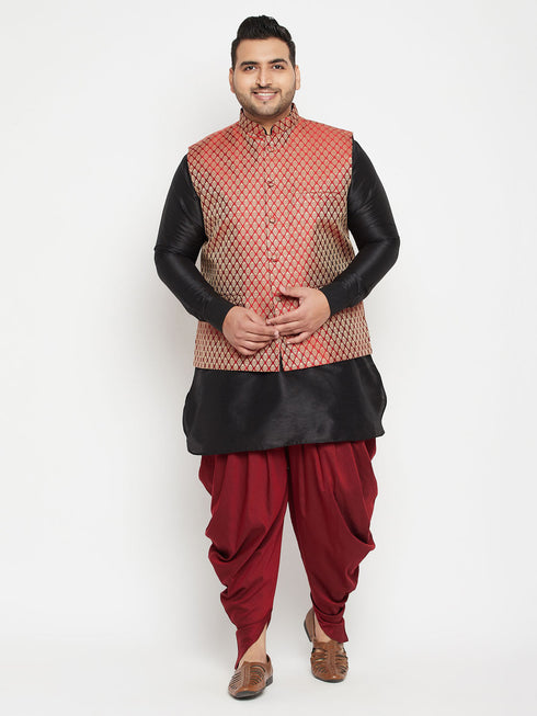 Men's Plus Size Black And Maroon Silk Blend Jacket With Kurta Dhoti Pant Set