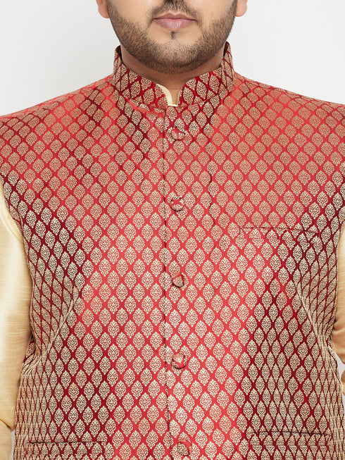 Men's Plus Size Gold And Maroon Silk Blend Jacket Kurta Dhoti Pant Set