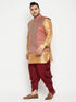 Men's Plus Size Rose Gold And Maroon Silk Blend Jacket Kurta Dhoti Pant Set