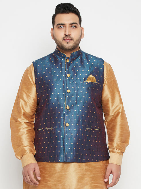 Men's Plus Size Blue Zari Weaved Nehru Jacket