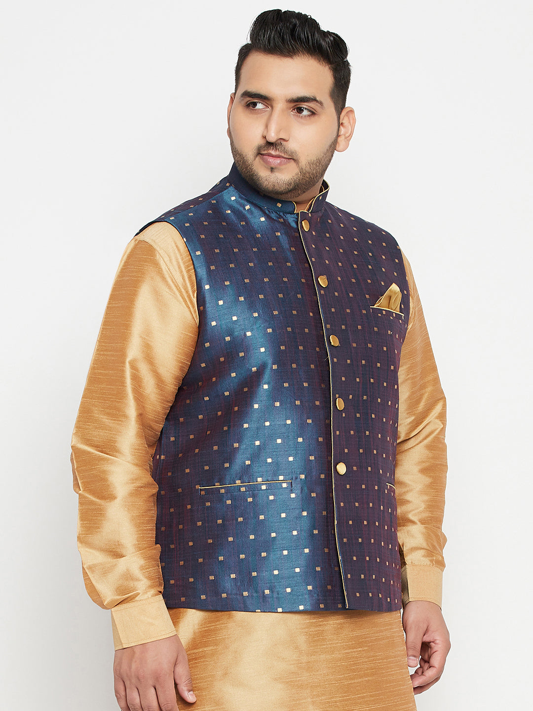 Men's Plus Size Blue Zari Weaved Nehru Jacket