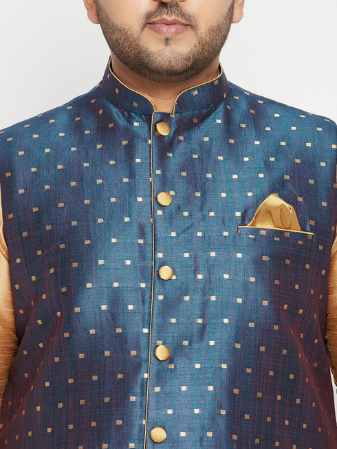 Men's Plus Size Blue Zari Weaved Nehru Jacket