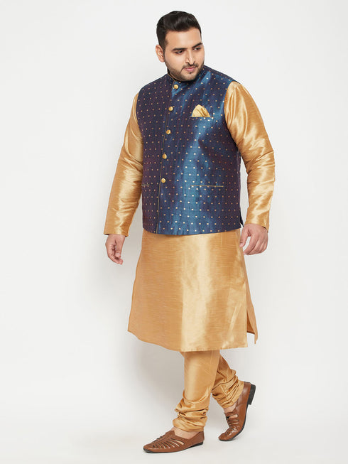 Men's Plus Size Blue Zari Weaved Nehru Jacket With Kurta Pyjama Set
