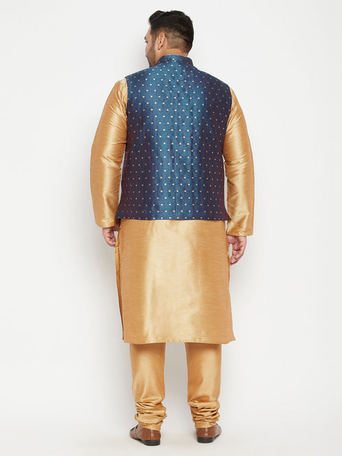 Men's Plus Size Blue Zari Weaved Nehru Jacket With Kurta Pyjama Set