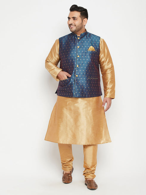 Men's Plus Size Blue Zari Weaved Nehru Jacket With Kurta Pyjama Set