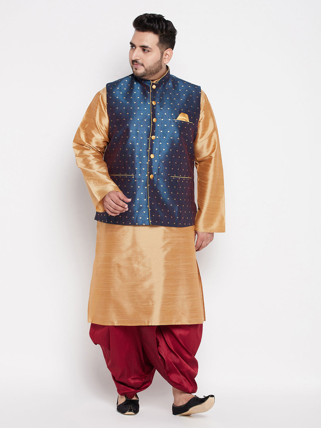 Men's Plus Size Blue Zari Weaved Nehru Jacket With Kurta Dhoti Set