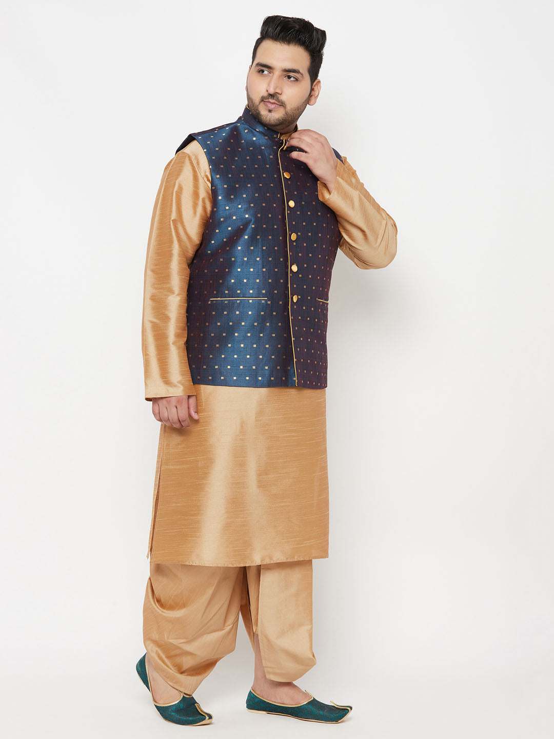 Plus Men's Blue Zari Weaved Nehru Jacket With Kurta Dhoti Set