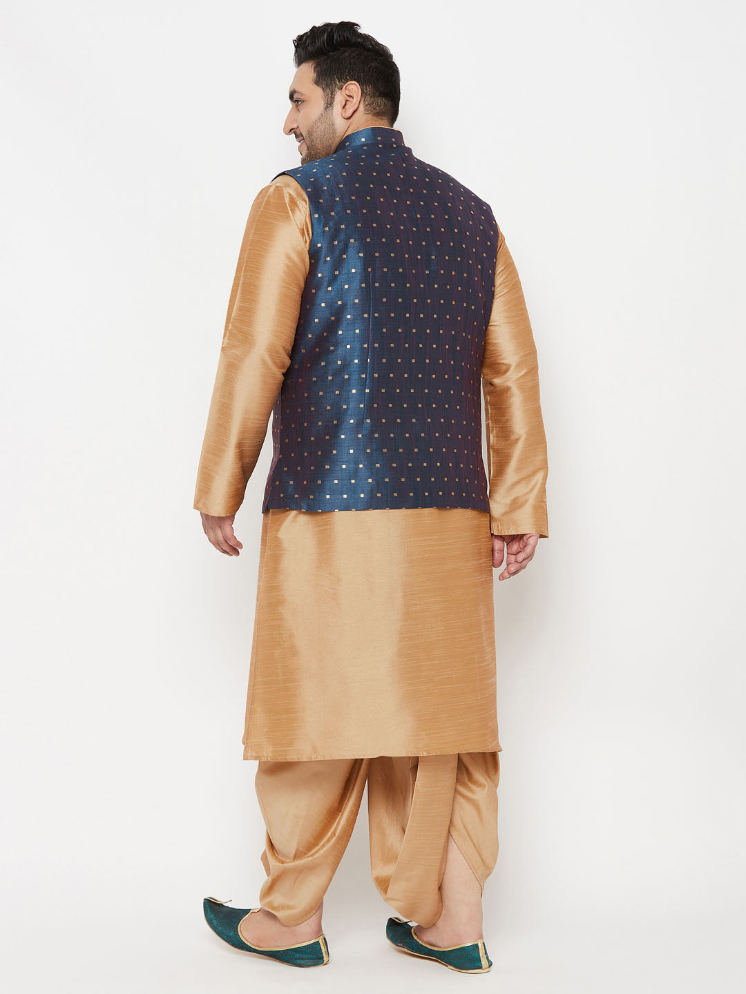 Plus Men's Blue Zari Weaved Nehru Jacket With Kurta Dhoti Set