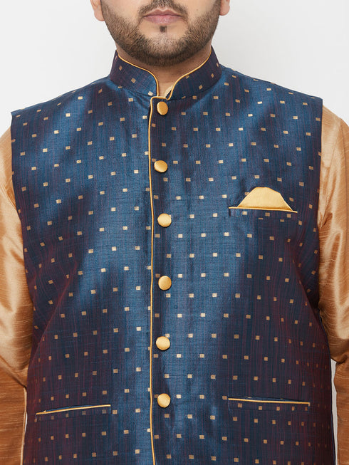 Plus Men's Blue Zari Weaved Nehru Jacket With Kurta Dhoti Set
