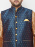 Plus Men's Blue Zari Weaved Nehru Jacket With Kurta Dhoti Set
