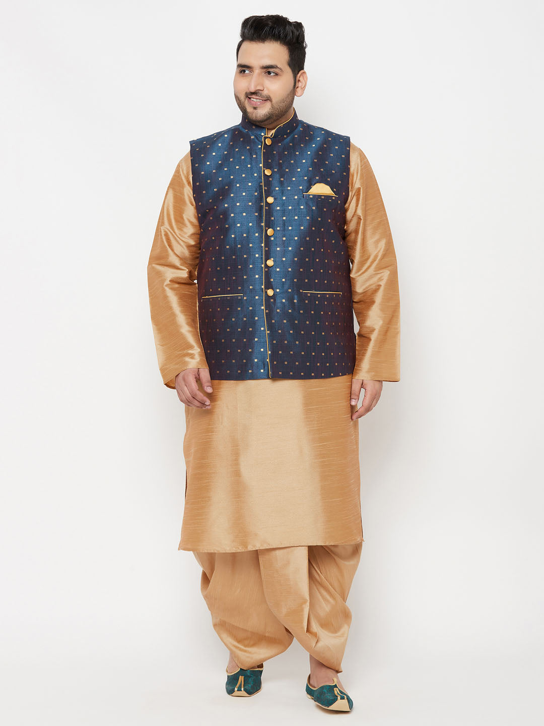 Plus Men's Blue Zari Weaved Nehru Jacket With Kurta Dhoti Set