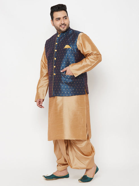 Plus Men's Blue Zari Weaved Nehru Jacket With Kurta Dhoti Set