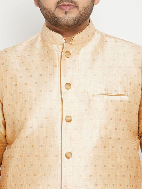 Men's Plus Size Gold Zari Weaved Nehru Jacket With Kurta Pyjama Set