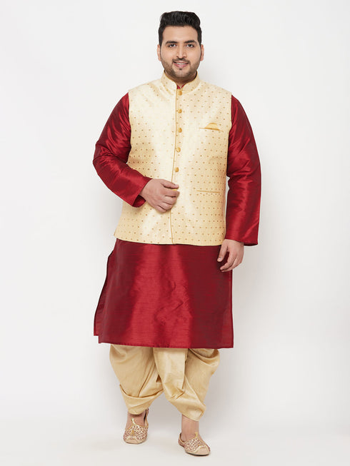 Plus Men's Gold Zari Weaved Nehru Jacket With Kurta Dhoti Set