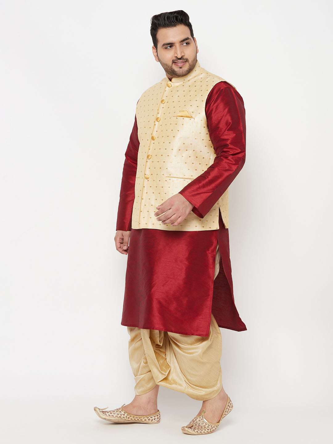Plus Men's Gold Zari Weaved Nehru Jacket With Kurta Dhoti Set