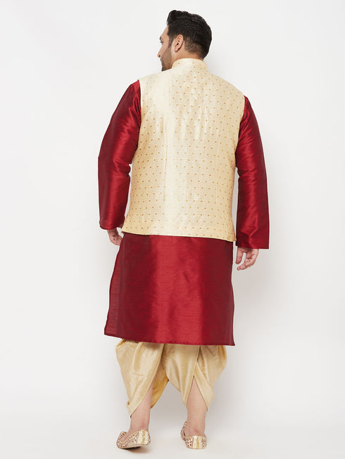 Plus Men's Gold Zari Weaved Nehru Jacket With Kurta Dhoti Set