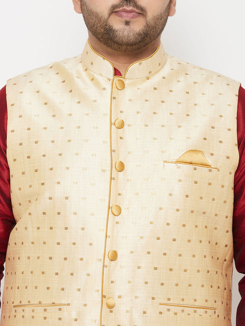 Plus Men's Gold Zari Weaved Nehru Jacket With Kurta Dhoti Set