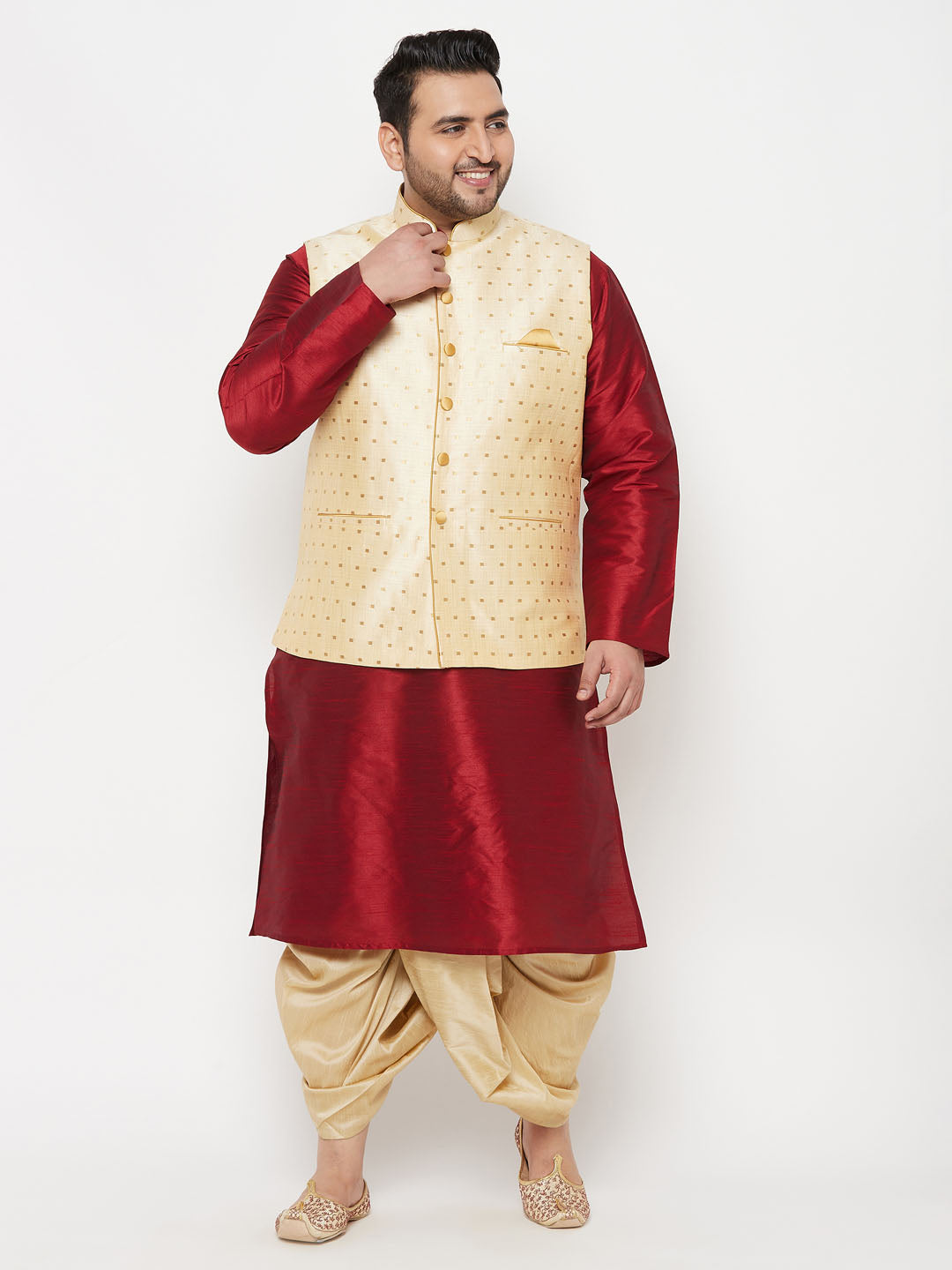 Plus Men's Gold Zari Weaved Nehru Jacket With Kurta Dhoti Set