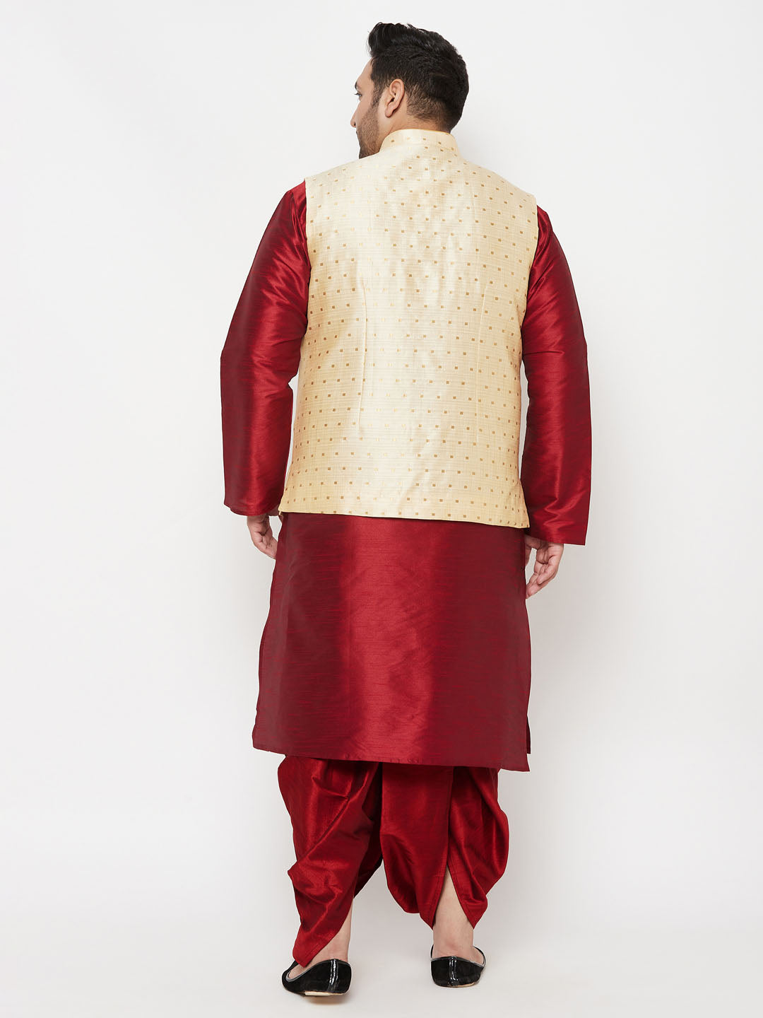 Plus Men's Gold Zari Weaved Nehru Jacket With Kurta Dhoti Set