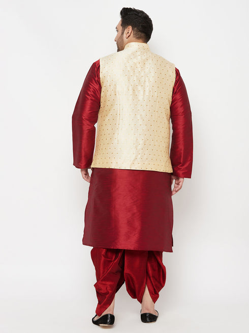 Plus Men's Gold Zari Weaved Nehru Jacket With Kurta Dhoti Set