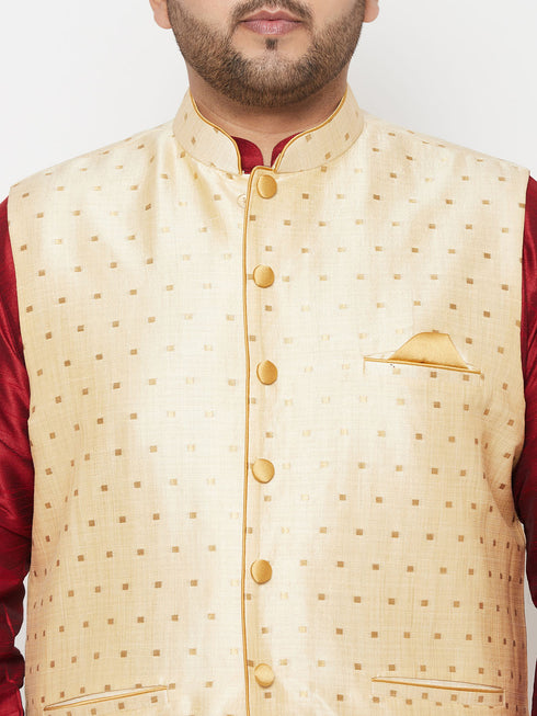 Plus Men's Gold Zari Weaved Nehru Jacket With Kurta Dhoti Set