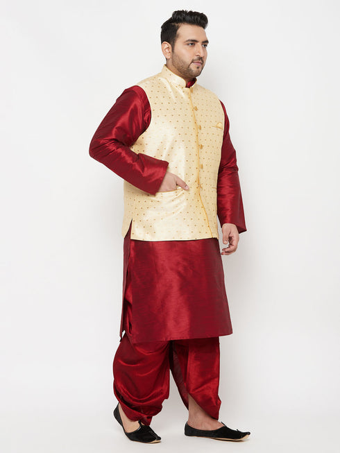 Plus Men's Gold Zari Weaved Nehru Jacket With Kurta Dhoti Set