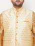 Plus Men's Gold Zari Weaved Nehru Jacket With Kurta Dhoti Set