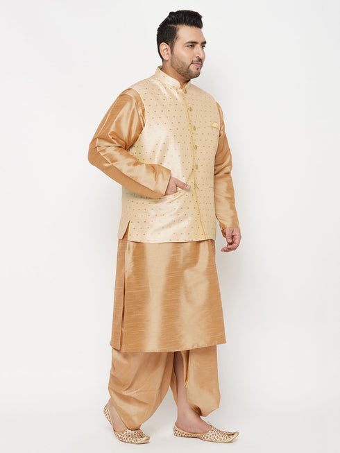 Plus Men's Gold Zari Weaved Nehru Jacket With Kurta Dhoti Set