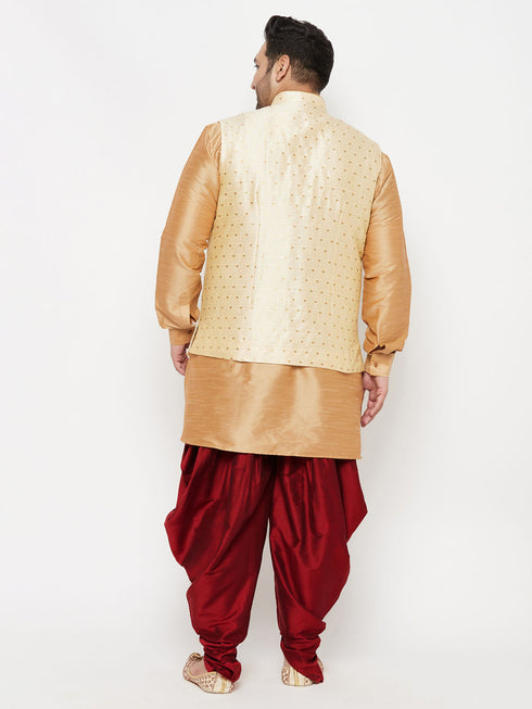 Men's Plus Size Gold Zari Weaved Nehru Jacket With Curved Kurta Dhoti Set