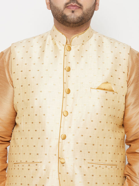 Men's Plus Size Gold Zari Weaved Nehru Jacket With Curved Kurta Dhoti Set