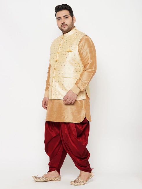 Men's Plus Size Gold Zari Weaved Nehru Jacket With Curved Kurta Dhoti Set